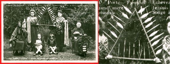 France, spindle rack, spinning wheel, woman spinning