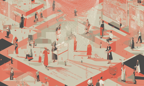 KI-generierte Illustration in rot und weiß, mit einzelnen Personen auf verschiedenen Flächen stehend und sitzend.