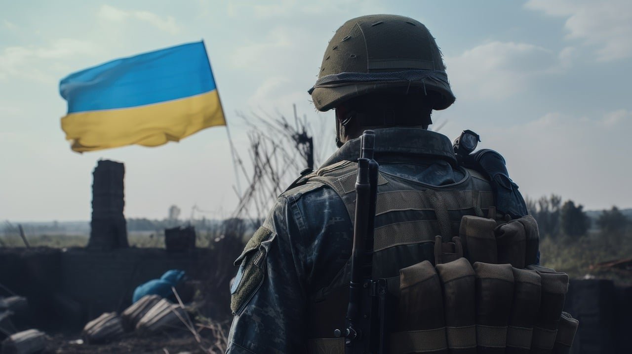 Ukrainischer Soldat steht vor ukrainischer Flagge, die Gegend rundherum ist zerstört