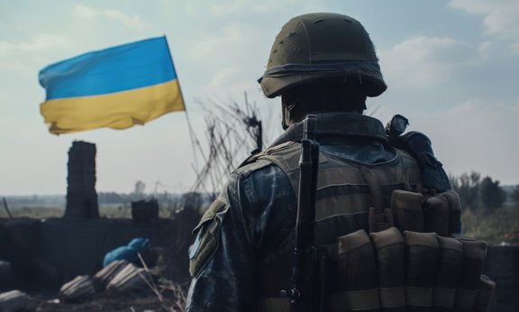 Ukrainischer Soldat steht vor ukrainischer Flagge, die Gegend rundherum ist zerstört