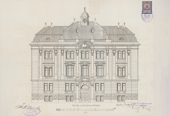 Filiale Villach, Aufriss der Hauptfassade. Gustav Zorn, 1912. © OeNB/Bankhistorisches Archiv