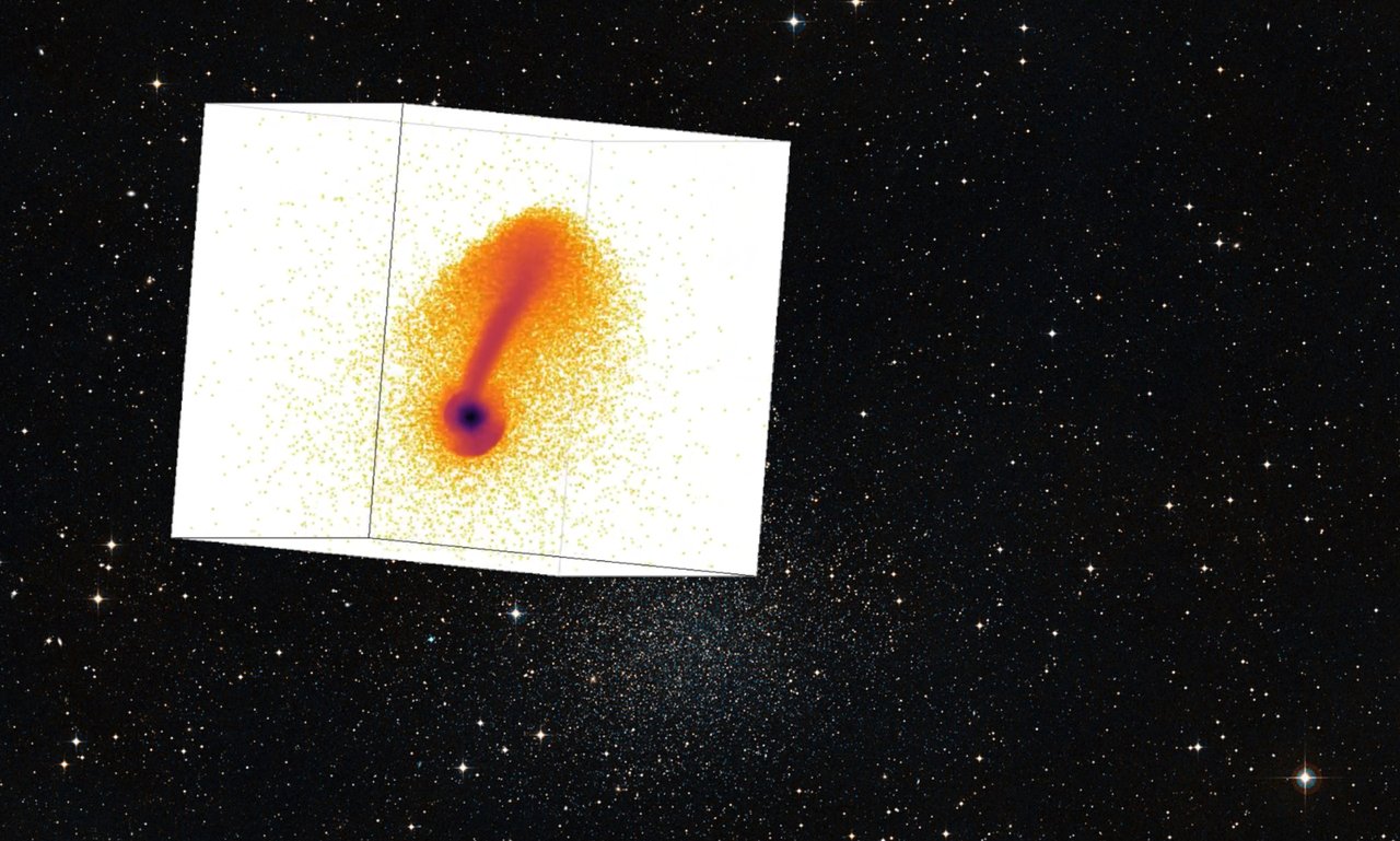 Still image of a video animation of the growth of a nuclear star cluster via globular cluster mergers.