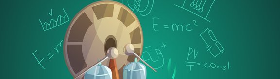 Illustration eines Schreibtisches mit Formeln, Uhr und Instrumenten