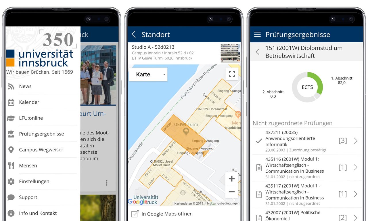 Screenshots der App der Universität Innsbruck.
