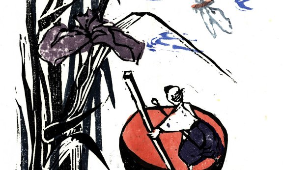 Holzschnitt auf Japanpapier von Takako Matsukawa von Issunboshi (1988), dem kleinen Däumling in der Reisschale