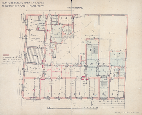 Filiale Klagenfurt in geschlossener Bauweise, Grundriss des 1. Obergeschosses. Gustav Zorn, 1909. © OeNB/Bankhistorisches Archiv