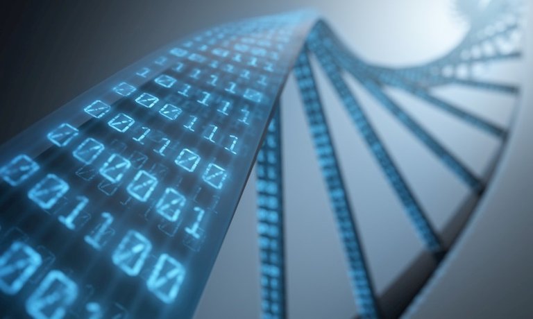 This image shows a DNA string with binary code.
