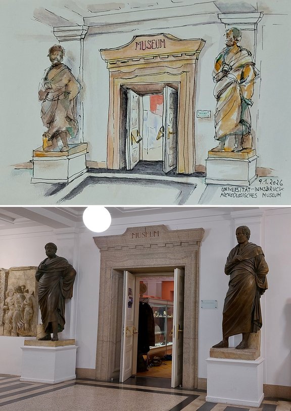 Zwei Bilder: Das untere ist ein Foto, auf dem man die Tür zum Museum und zwei Statuen sieht. Das untere ist dasselbe Motiv aber als gemaltes Bild im Aquarell-Stil.