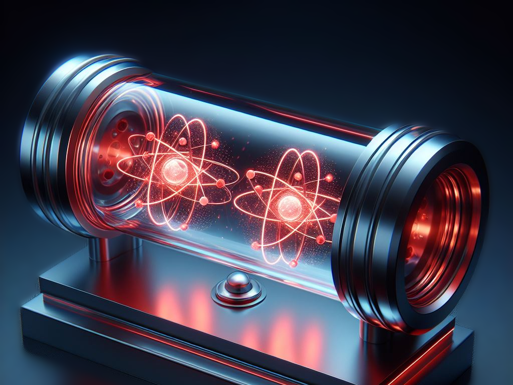 Illustration with two red glowing atoms in a glass tube with metal caps at the ends.