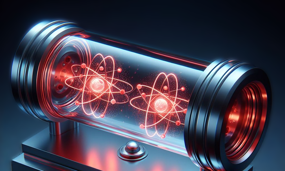 Illustration with two red glowing atoms in a glass tube with metal caps at the ends.