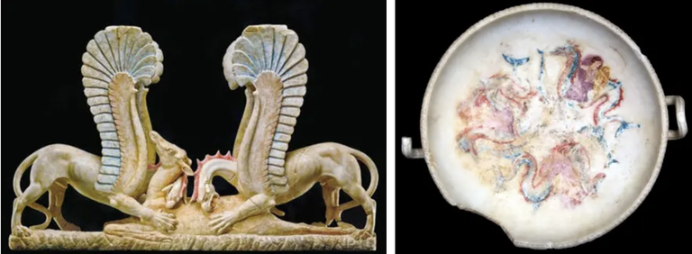 Abbildung eines Tischfußes in der Form von zwei eine Hirschkuh reißenden Greifen und eines Beckens