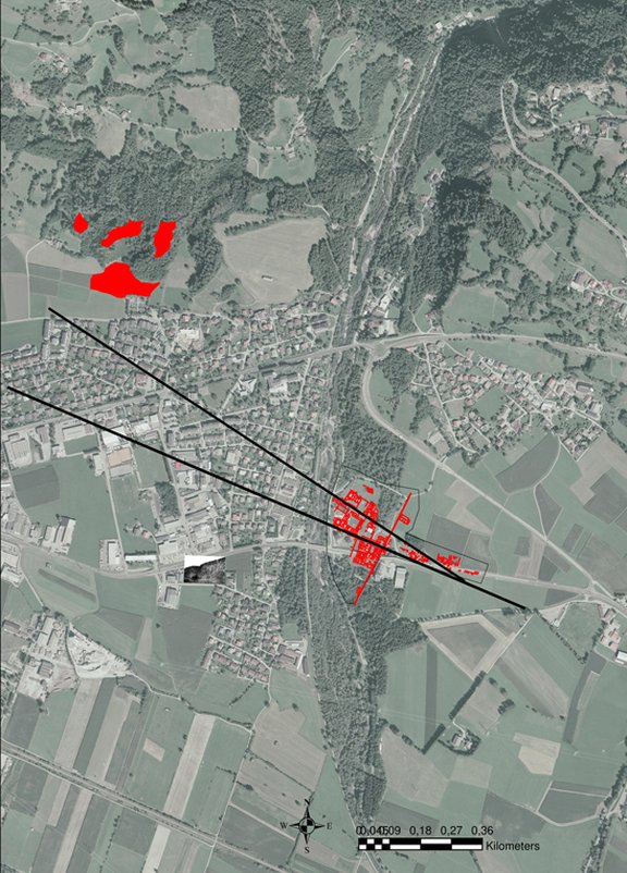 Aguntum, nahe römische Fundplätze (rot) und Georadar südlich der Bundesstraße