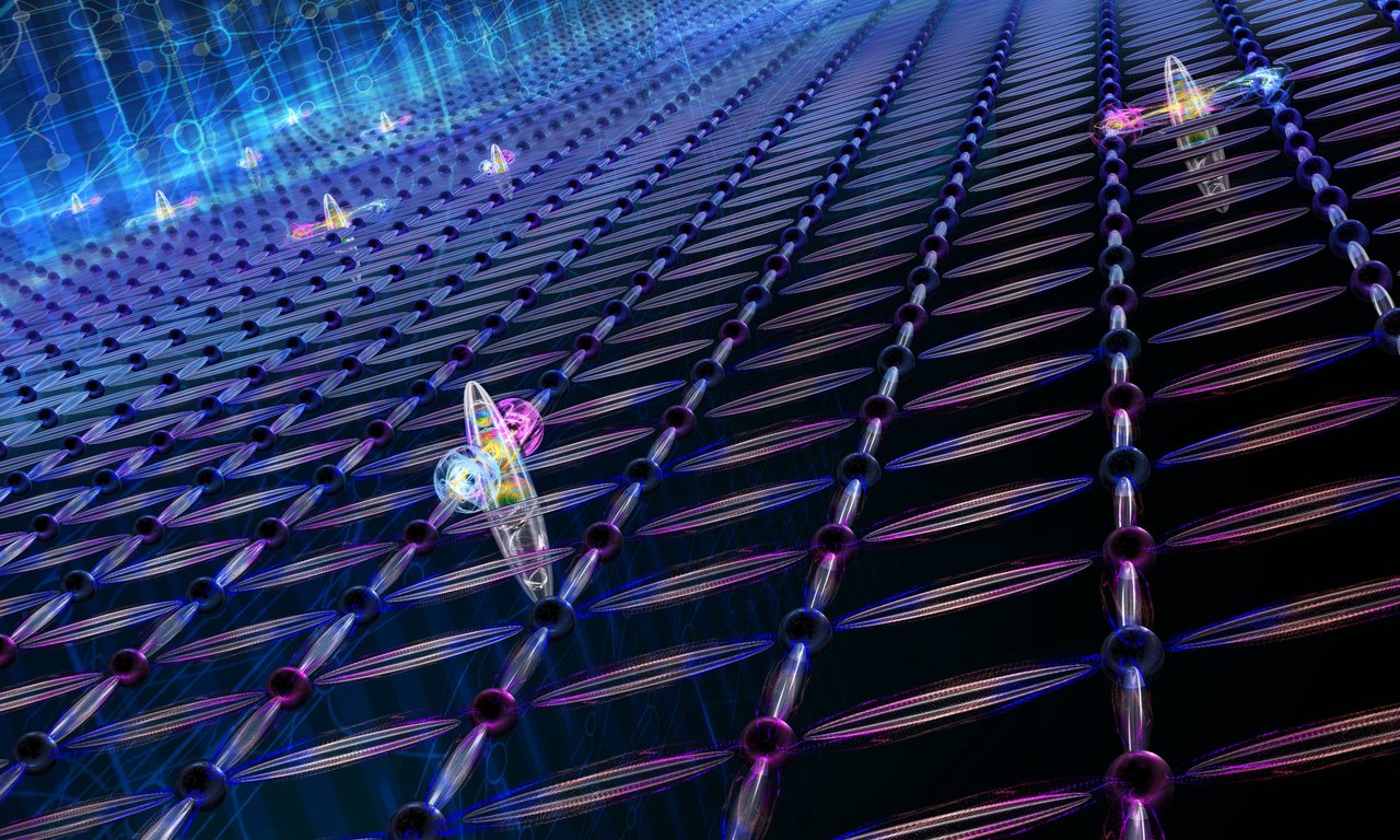 Grid on blue background, in the foreground two balls in red and blue.