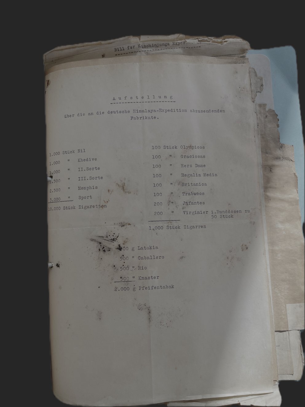Zweite Abbildung Aufstellung über die an die deutsche Himalaya-Expedition abzusendenden Fabrikate, Austria Tabak München an Dr. Welzenbach München, v. 22. Dez. 1934