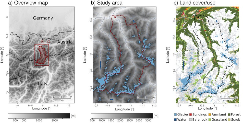 Location of the study area and glaciers as well as land cover/use (based on OpenStreetMap).
