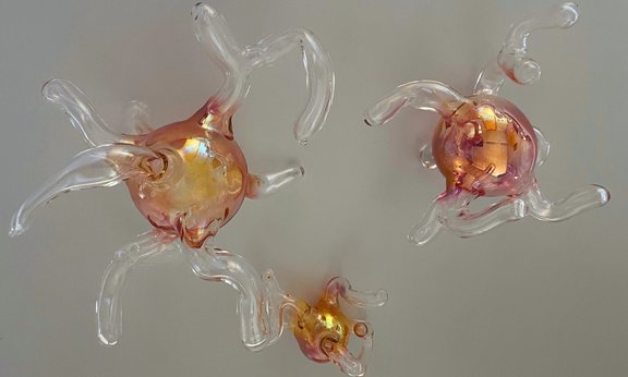 Glasfiguren, die den Pilzsporen des neu entdeckten Pilzes Tyroliella nachempfunden wurden.