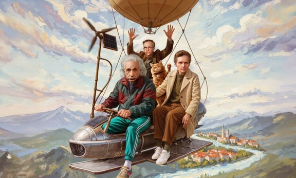 Illustration mit Ballon und drei Personen