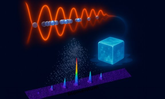 Illustration with an ice cube, red wavy lines, and a blue spectrum.