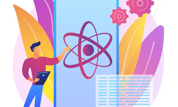 Mann mit Atom-Symbol auf Bildschirm, flaches Design, symbolisiert abstrakte Konzepte der Quantenphysik