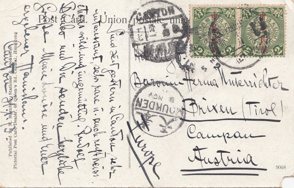 Postkarte, Marie Louise und Stanislaus aus Canton an Herma von Unterrichter in Brixen, 31.10.1913