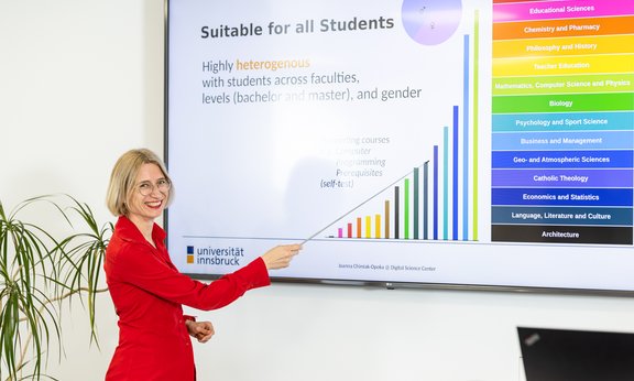 A woman points something out in a presentation on a screen on the wall