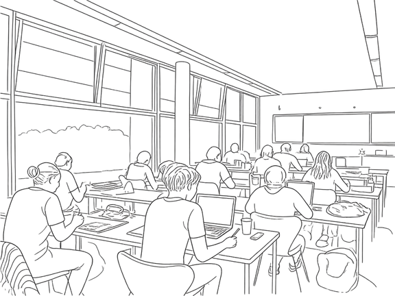 Seminarraum mit Studierenden, die an ihren Laptops sitzen