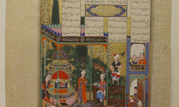 Muzaffar 'Ali (ca. 1525–30) zugeordnete Zeichnung im Šāhnāme, dem Buch der Könige, Folio 538r: Darstellung der Krönung von Schapur II. als Kind