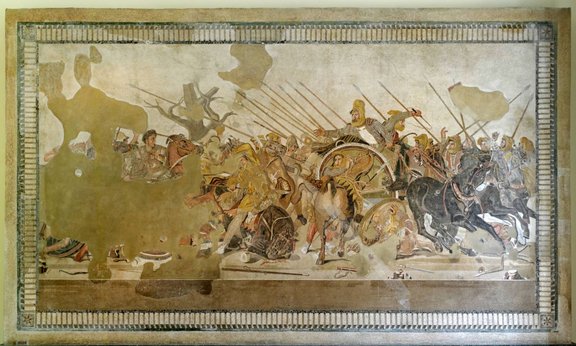 Rekonstruktion einer Mosaikdarstellung der Schlacht von Issos nach einem Gemälde, das vermutlich von Apelles oder Philoxenos von Eretria stammt und im Haus des Fauns in Pompeji gefunden wurde.