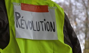 Eine Person in gelber Weste in Nahaufnahme von hinten, auf der Weste ist ein Zettel mit der Aufschrift "Révolution" befestigt.
