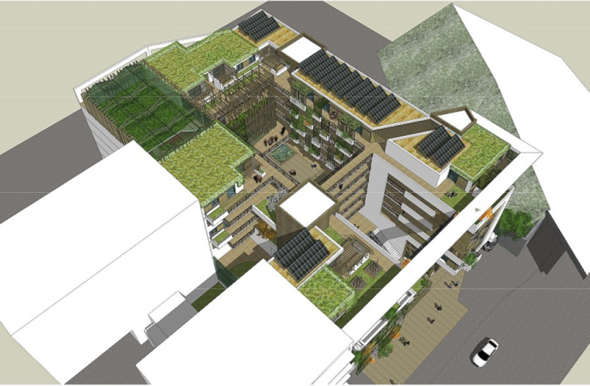 Visualisierung der Solarpaneele und Gemüsegärten am Dach des Wohnbauprojekts in Avignon.