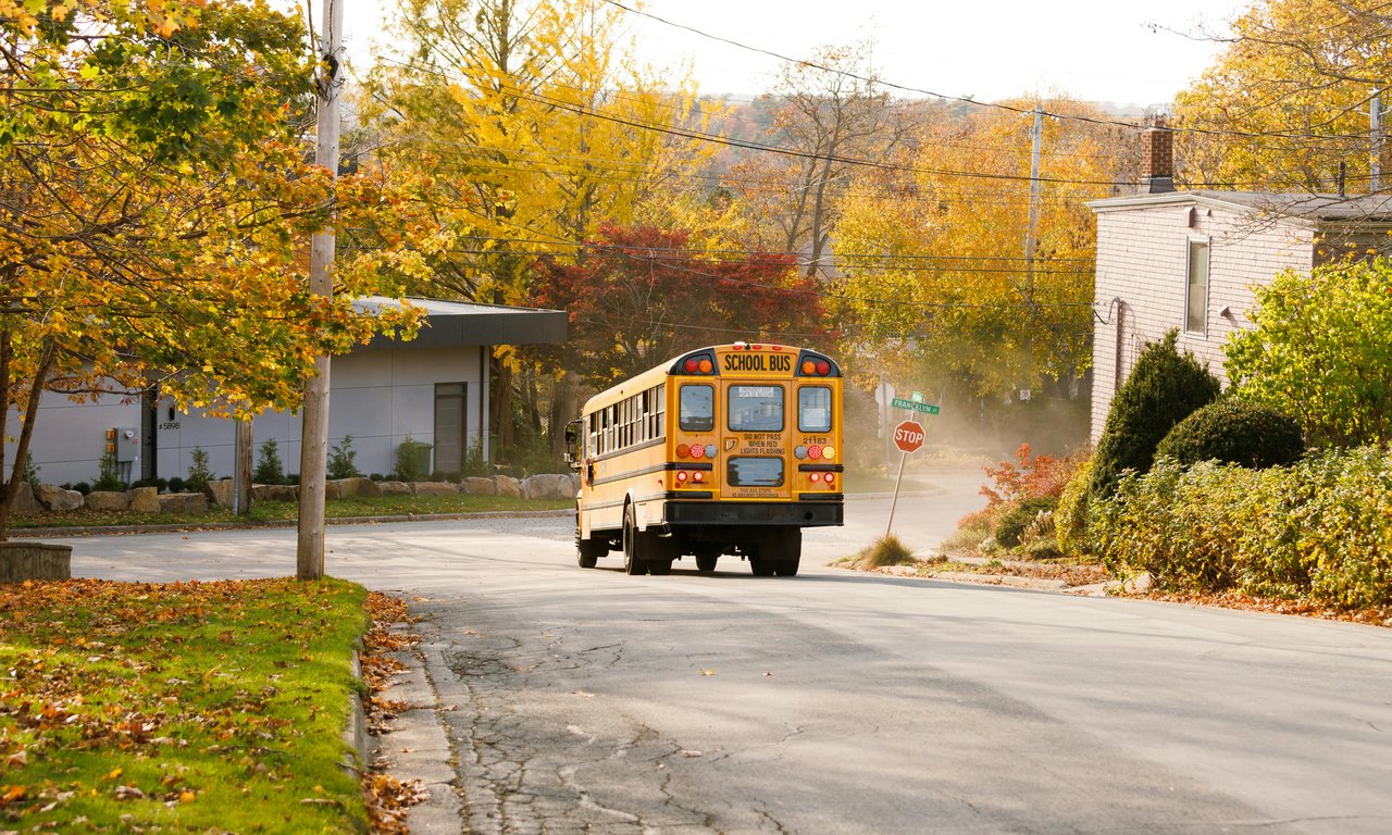 Ein Schulbus fährt über eine herbstliche Straße