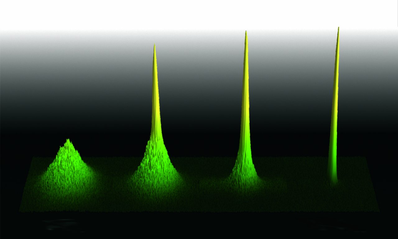 Illustration on a dark background: four green peaks that get higher and higher and more yellow towards the right