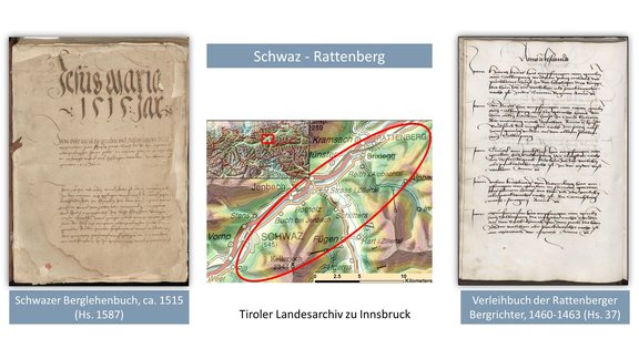 The image is divided into three columns. On the left and on the right there are photos of paper manuscripts with medieval writing, in the middle a map of the lower Inn valley. The area between Schwaz and Rattenberg is encircled in red.