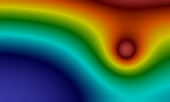 Symbolic picture with a color gradient, starting with red above and going down to blue, with a red sphere in the left third which bends the color gradient around it.