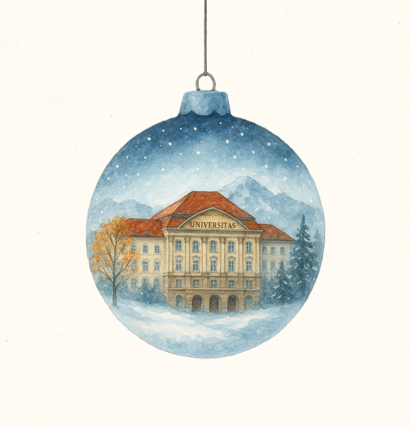 Unihauptgebäude in einer Weihnachtskugel