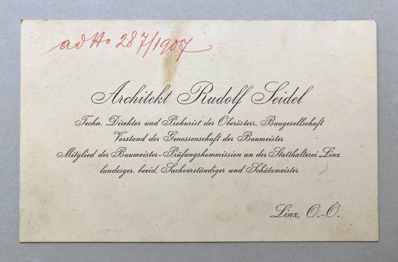 Visitenkarte des Bauunternehmers und Architekten Rudolf Seidel, Linz. © OeNB/Bankhistorisches Archiv