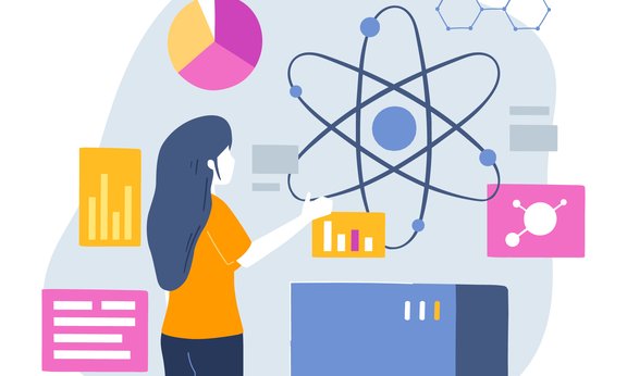 Eine Frau betrachtet ein Atom und andere Symbole in einer handgezeichneten, flachen Quantum-Illustration