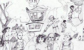 Bleistift-Zeichnung, die eine Szene im Prater darstellt. Man sieht verschiedene Personen im Vordergrund, im Hintergrund ist das Riesenrad angedeutet.