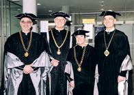 v.l. HR Dr. Martin Wieser, Univ.-Prof. Dr. Manfried Gantner, Univ.-Prof. Dr. Eva Bänninger-Huber und Univ.-Prof. Dr. Dr.h.c. Tilmann Märk bei ihrer Inauguration 2003.